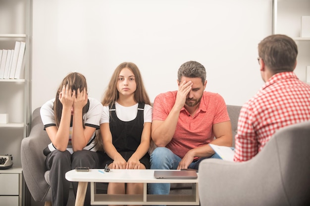 Psychologist give family therapy for dad mom and daughter girl consultant