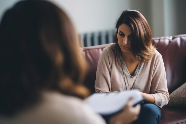 ストレス を 抱え て いる 女性 と の 心理 学 者 の セッション