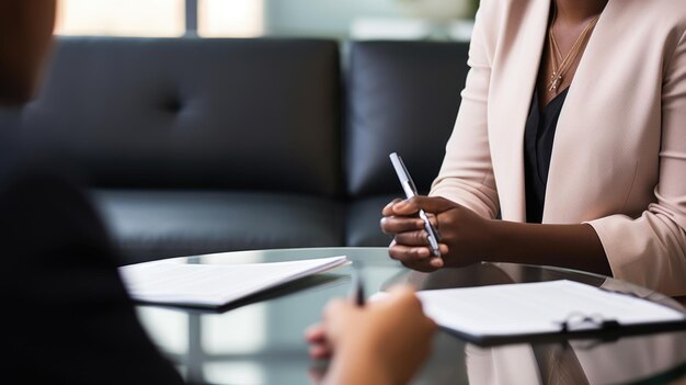 Psychologist takes working notes during the session with the patient