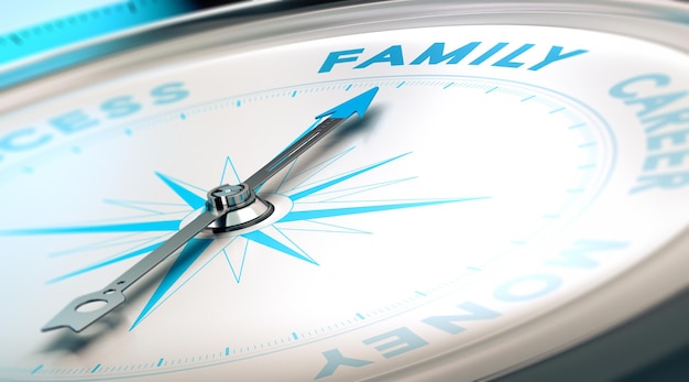 Psychology concept, family vs career. compass pointing the word family, blue and beige tones