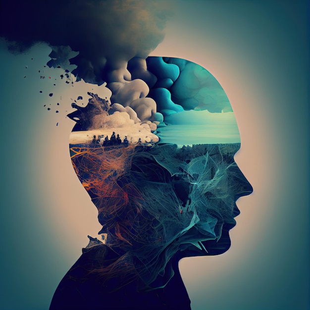 Photo psychology concept human head silhouette psychotherapy mental disorder treatment ai generative illustration human head and scattered smithereens