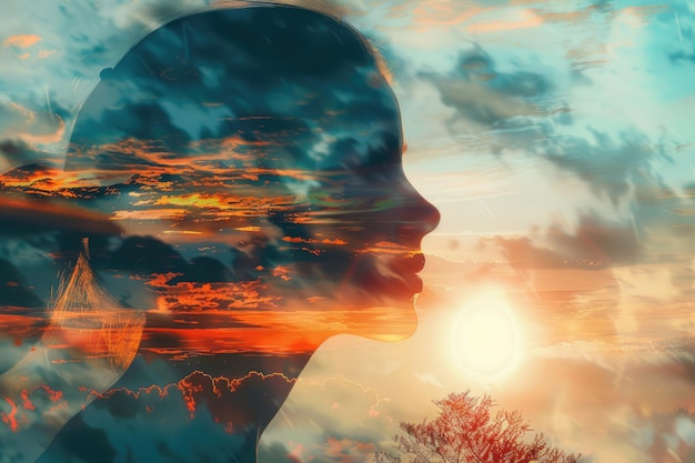 Psychology concept Sunrise and dreamer woman silhouette