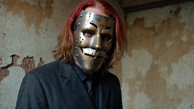 A psychopath with red hair in a black suit and a metal mask