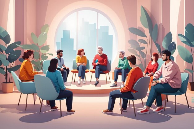 Psychotherapy people group therapy with counselor indoors