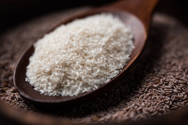 Psyllium husk or isabgol which is fiber derived from the seeds of Plantago ovata, mainly found in India. Served in a bowl over moody background. selective focus