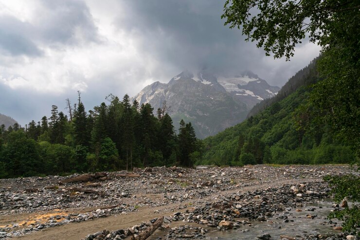 Psysh-rivier en de Noord-Kaukasusbergen op een zonnige zomerdag Arkhyz KarachayCherkessia Rusland
