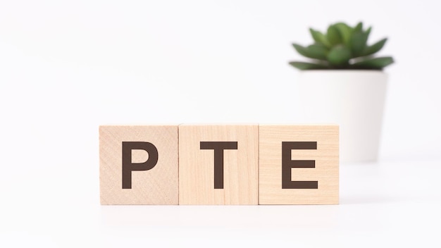 Photo pte pearson tests of english acronym on wooden cubes on white background business concept