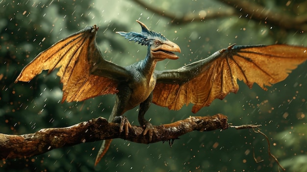 Photo a pterodactyl perches on a branch its wings spread wide as it dries off in the warm sun after