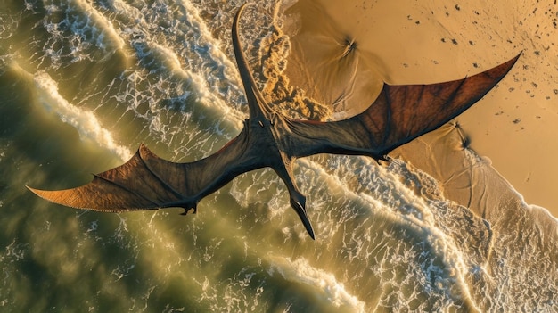 Photo a pterodactyl soaring above the waves its large wings casting a shadow over the sandy beach below
