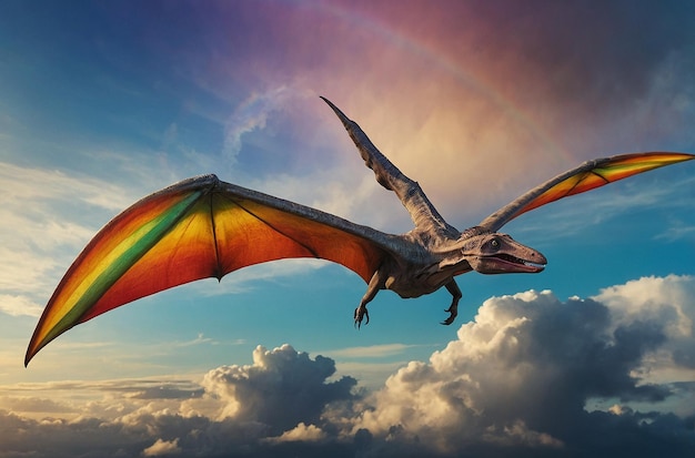 Photo pterosaur in flight with rainbow sky