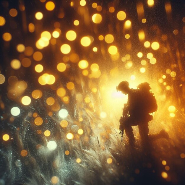 Photo ptsd concept soldier on shiny bokeh background