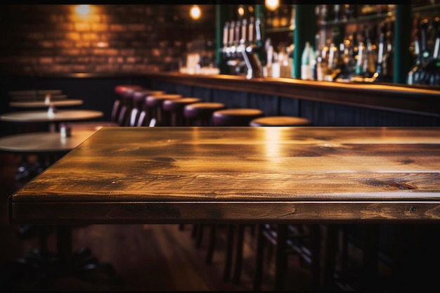 Foto pub bar toonbank met houten tafel achtergrond genereren ai