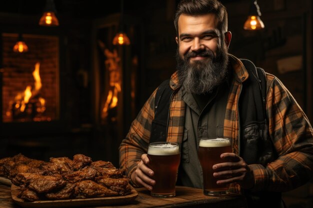 Pub Grub Delight A delighted gentleman in a pub sipping beer and savoring the joy of indulging in perfectly seasoned fried chicken wings