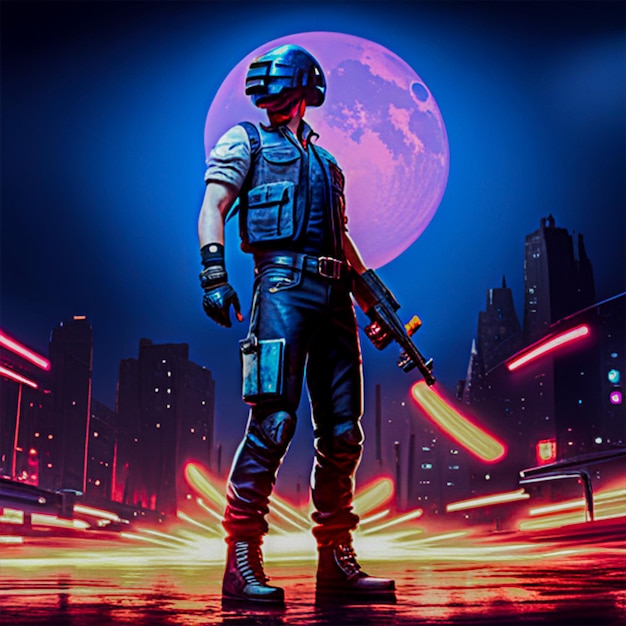 Photo a pubg character with a m416 cyberpunk neon light 4k image