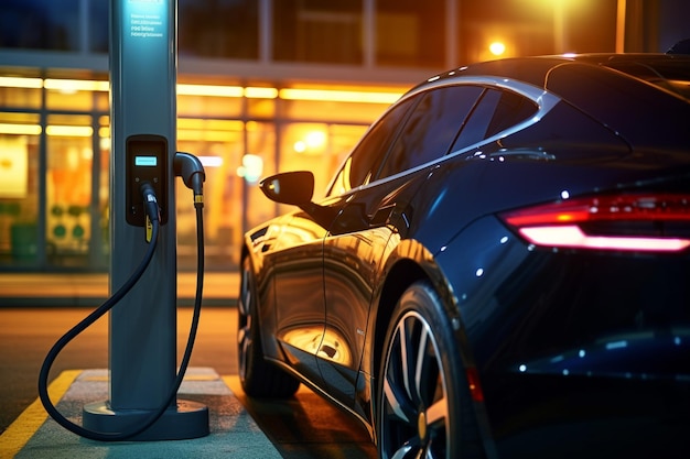 A public charging station with electric car is charging with Generative AI
