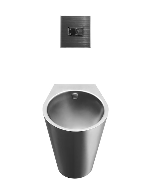 Public male urinal metal antivandal installed on the wall with infrared sensor isolated on white background