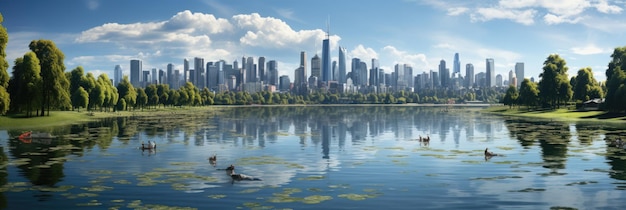 Public park and highrise buildings cityscape in metropolis city center Green environment city and downtown business district in panoramic view