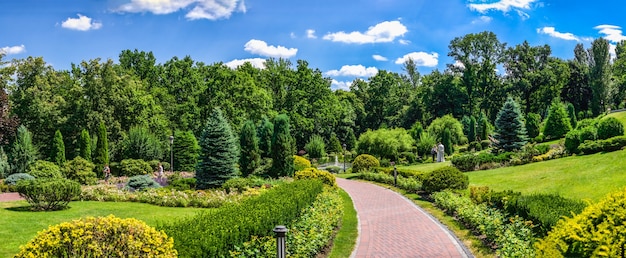 Public park near the Honka house in the Mezhyhirya Residence, Kyiv, Ukraine, on a sunny summer day