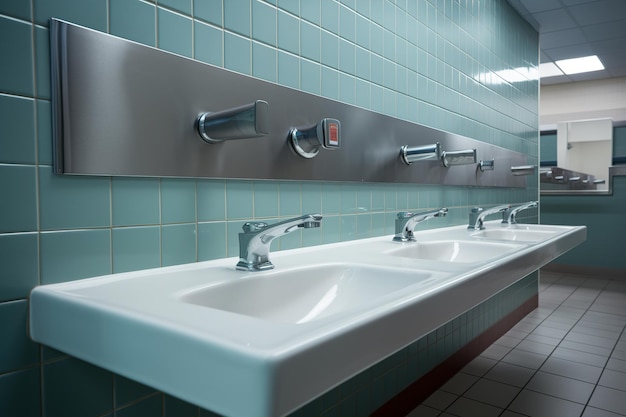 Фото Общественный туалет с раковинами, смесителями и зеркалом