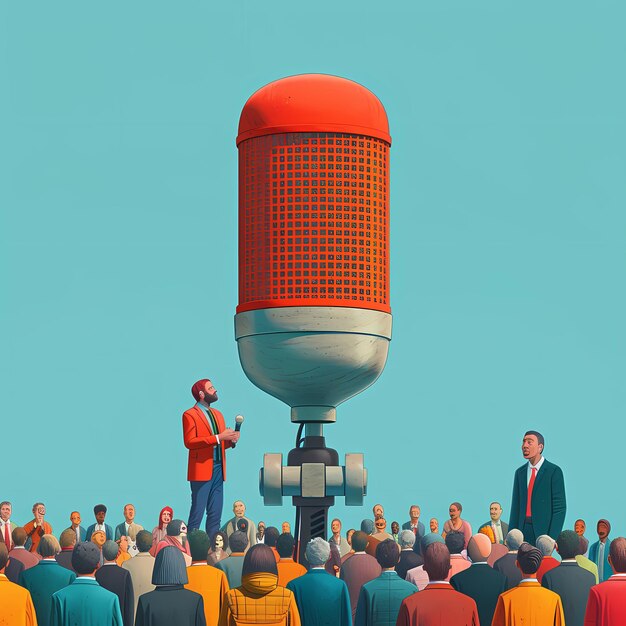 Public Speaking Engagement with Large Audience and Giant Microphone