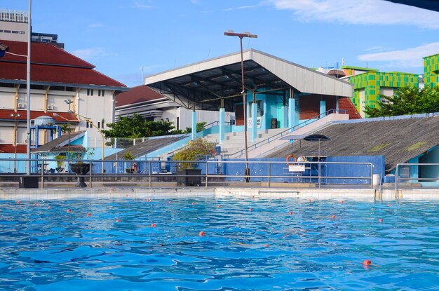 Public swimming pool when the weather is very sunny