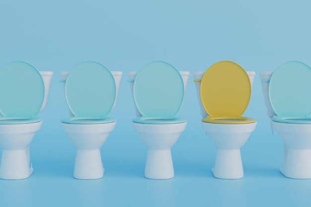 写真 公衆トイレ青いふた 3 d レンダリングと他の便器の中で黄色のふた付きトイレ