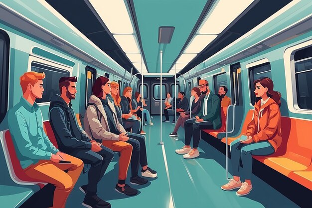公共交通機関の乗客 男性と女性が近代的な地下鉄のワゴンに座って立っています