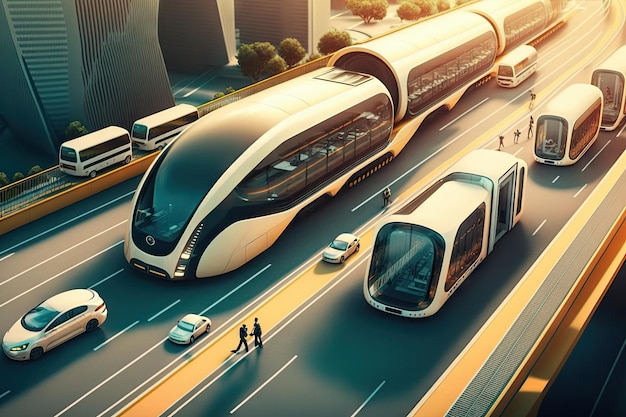 Foto sistema di trasporto pubblico del futuro con veicoli a guida autonoma e controlli senza conducente