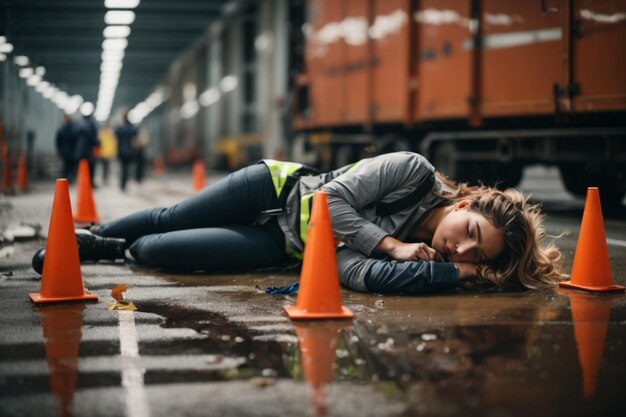 직장에서 부상을 입은 공공 직원이 응급 의사를 기다리고 의료 서비스를 받습니다.