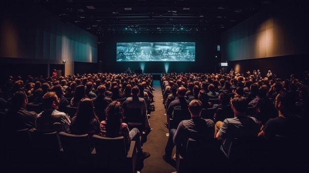 Publiek vol mensen in donkere conferentiezaal Generatieve AI