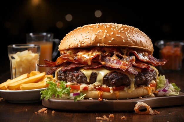 Pubstyle treat bacon cheese burger on brioche rustic red log background