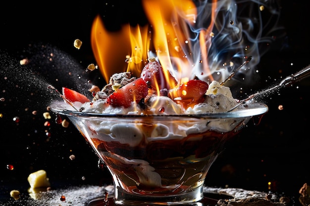 Photo pudding being flambeed for a dramatic dessert experience