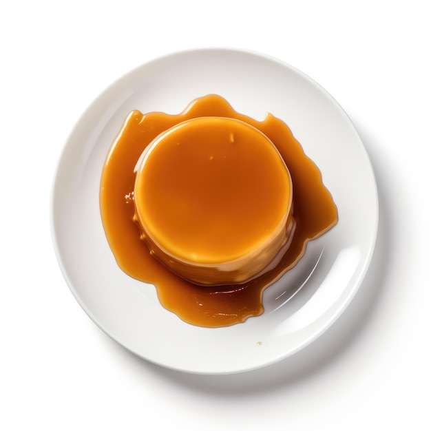 Pudding caramel in a white plate on white background generative ai