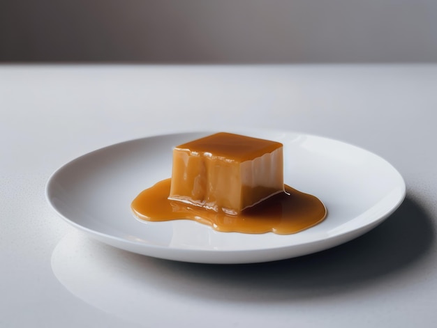 Pudding caramel in a white plate on white background generative ai