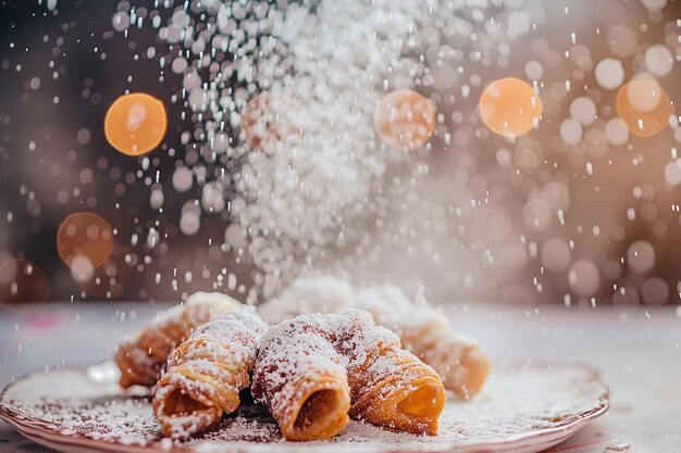 Pudding filled cannoli with a crispy shell and powdered sugar dusting