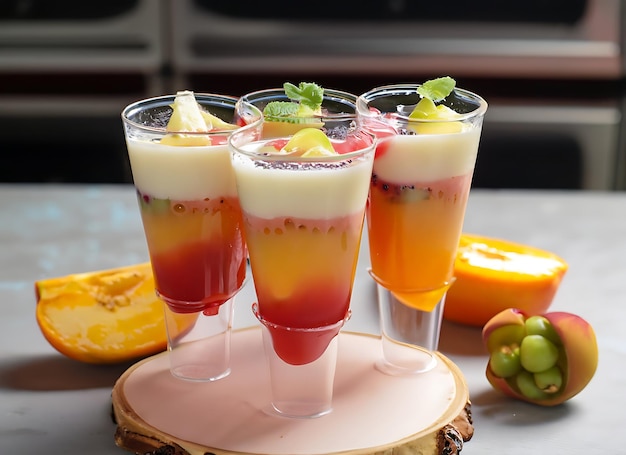 Foto pudding fruit cocktail op de keukentafel eten