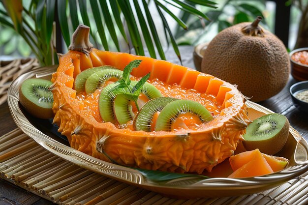 Pudding geserveerd in uitgehouwen fruit schelpen voor een tropische twist