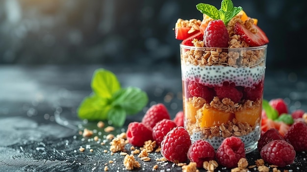 Pudding met lagen chiazaad vers fruit en granola in een glas AI genereren illustratie