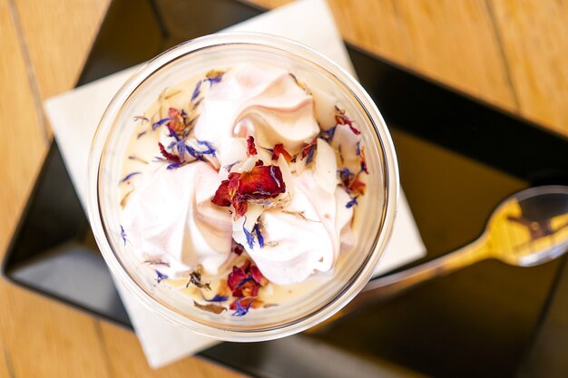 Pudding on a restaurant table