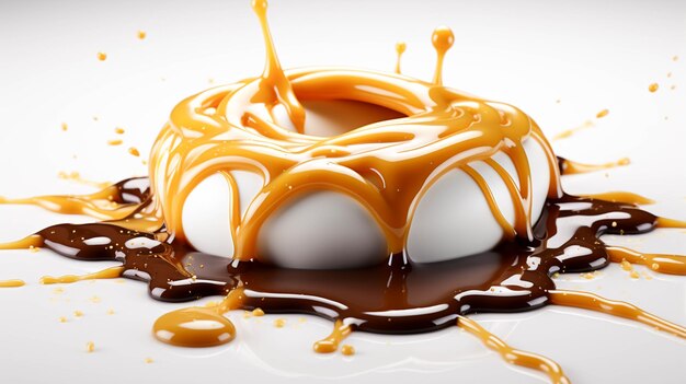 Photo pudding with chocolate sauce with liquid splash on white background