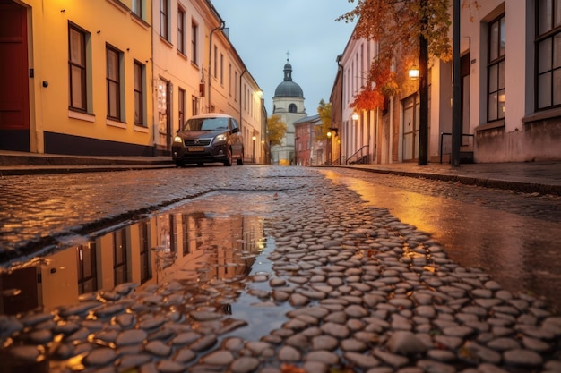 Photo puddle on cobblestone street after rain