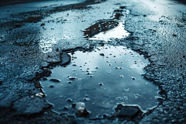 雨の中れた道路の近くの池