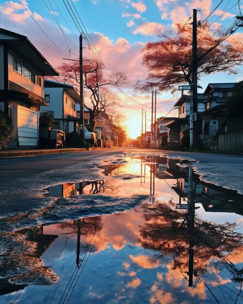 Photo a puddle reflected in a streetgenerative ai