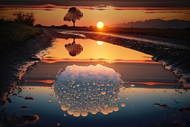 Puddle reflecting a sunrise with the sun peeking over the horizon