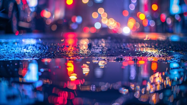 Photo a puddle reflects the bright city lights on a rainy night creating a shimmering dreamlike image in