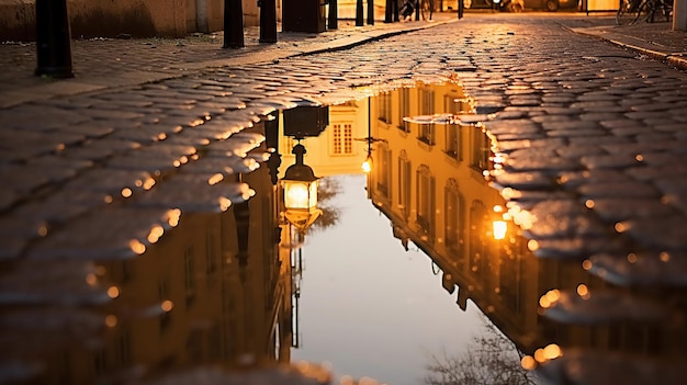 A puddle on the street reflects windows creating a unique urban scene