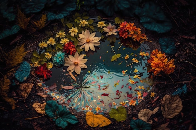 Puddle surrounded by colorful leaves and flowers created with generative ai