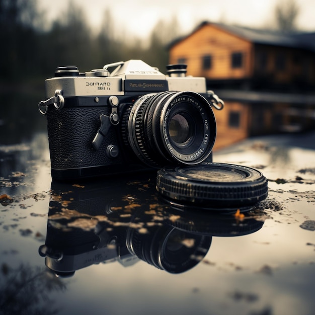 The puddle of water is reflective and the camera is reflected in the water