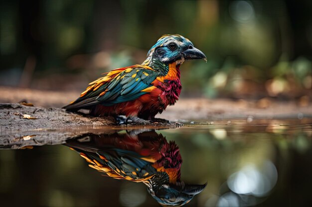 Puddle of water reflecting the colorful plumage of tropical bird created with generative ai