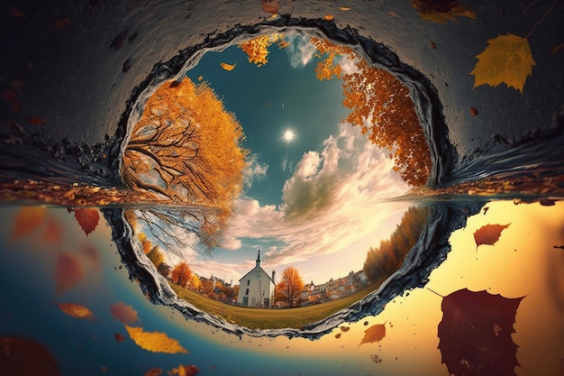 Puddle of water surrounded by autumn leaves with a view of the sky
